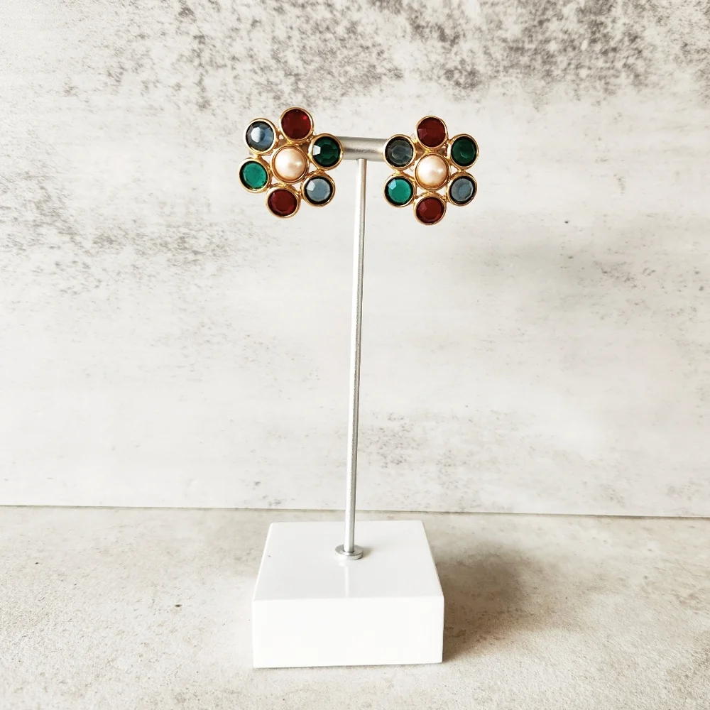 Vintage Monet Faceted Red Blue Green Glass Faux Pearl Round Flower Post Earrings